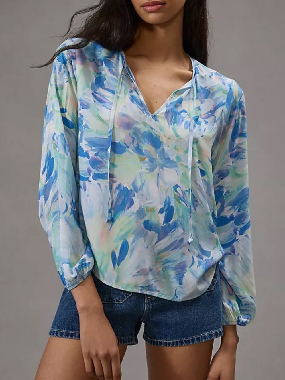 Anthropologie Cloth & Stone Tie Neck Floral Lightweight Long Sleeve Blouse XS
